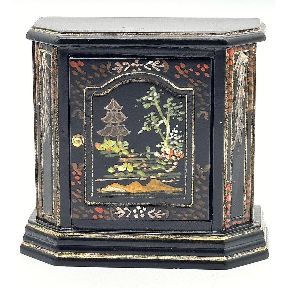 Vtg Dollhouse Miniature Black Cabinet Asian Style Hand Painted Taiwan